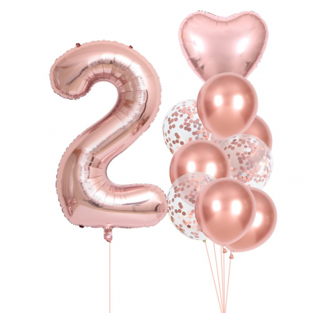 Articole petrecere - Set 10 Baloane Folie si Latex, Flippy, Tematica Aniversare, Baloane Latex 25cm, Figurina Inimioara 45 cm, Cifra 2 de 81 cm, Ambalaj Individual, Pai Inclus, Umflare cu Aer sau Heliu, Roz Pal