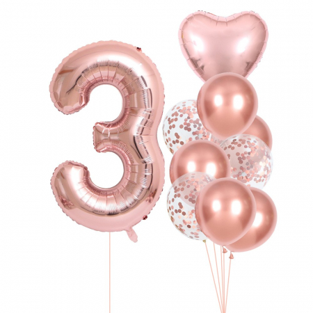 Articole petrecere - Set 10 Baloane Folie si Latex, Flippy, Tematica Aniversare, Baloane Latex 25cm, Figurina Inimioara 45 cm, Cifra 3 de 81 cm, Ambalaj Individual, Pai Inclus, Umflare cu Aer sau Heliu, Roz Pal