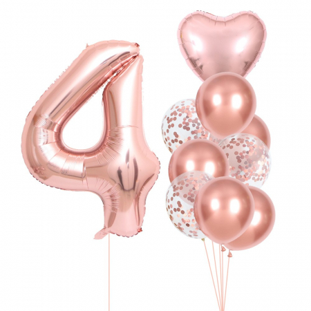 Articole petrecere - Set 10 Baloane Folie si Latex, Flippy, Tematica Aniversare, Baloane Latex 25cm, Figurina Inimioara 45 cm, Cifra 4 de 81 cm, Ambalaj Individual, Pai Inclus, Umflare cu Aer sau Heliu, Roz Pal