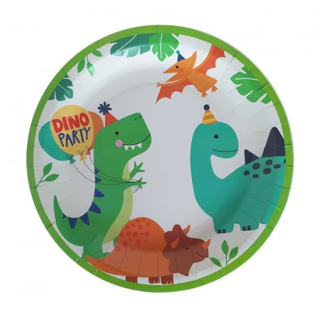 Articole petrecere - Set 10 Farfurii de Carton Happy Birthday, Flippy, 23 cm, Tematica Aniversare, Model Dinozauri, Multicolor