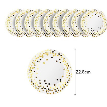 Articole petrecere - Set 10 farfurii, Flippy, diametru 23 cm, alb/auriu
