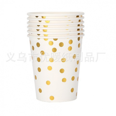 Articole petrecere - Set 10 pahare de carton, Flippy, model buline aurii, 250ml, alb