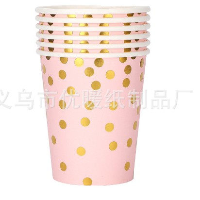 Articole petrecere - Set 10 pahare de carton, model buline aurii, 250ml, roz