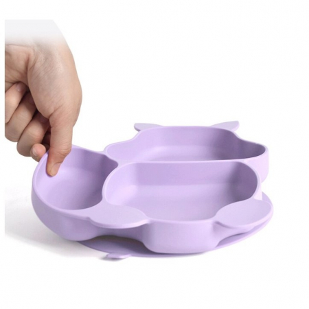 Set 10 piese diversificare bebelusi si copii din silicon Flippy, baveta, farfurie compartimentata cu ventuza, bol cu ventuza, tacamuri din lemn si silicon, cana pentru gustari, fara alergeni, mov [3]