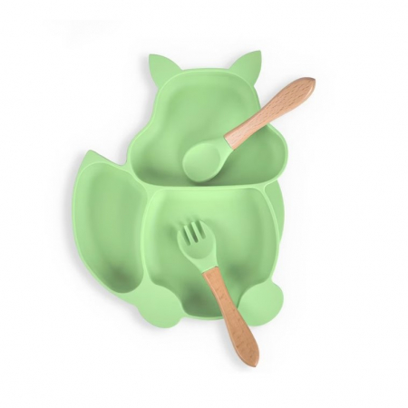 Set 10 piese diversificare bebelusi si copii din silicon Flippy, baveta, farfurie compartimentata cu ventuza, bol cu ventuza, tacamuri din lemn si silicon, cana pentru gustari, fara alergeni, verde [4]