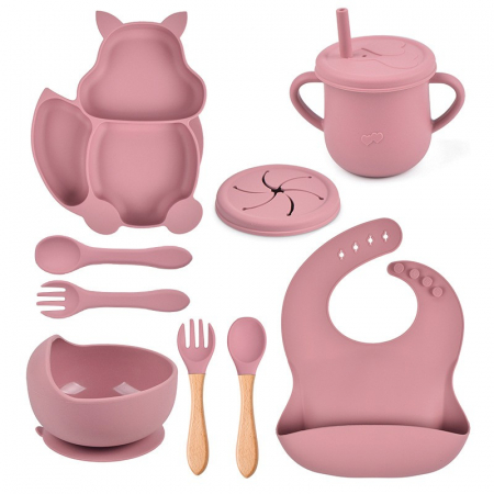Jucarii, Copii & Bebe - Set 10 piese diversificare bebelusi si copii din silicon Flippy, baveta, farfurie compartimentata cu ventuza, bol cu ventuza, tacamuri din lemn si silicon, cana pentru gustari, fara alergeni, roz pudr