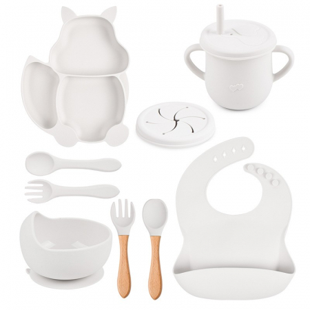 Jucarii, Copii & Bebe - Set 10 piese diversificare bebelusi si copii din silicon Flippy, baveta, farfurie compartimentata cu ventuza, bol cu ventuza, tacamuri din lemn si silicon, cana pentru gustari, fara alergeni, alb