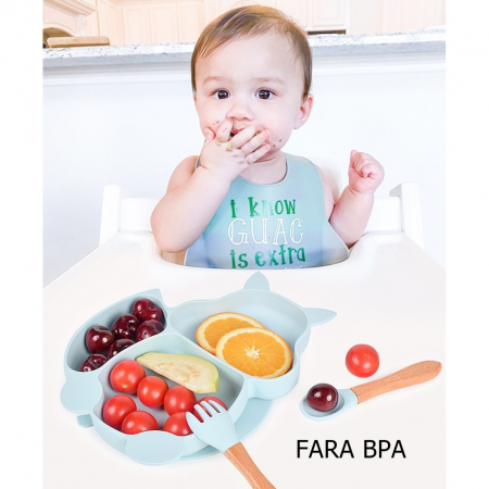 Lichidare Set 10 piese diversificare bebelusi si copii din silicon Flippy, baveta, farfurie compartimentata cu ventuza, bol cu ventuza, tacamuri din lemn si silicon, cana pentru gustari, fara alergeni [2]