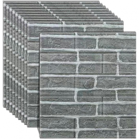 Set 10 Placi Tapet 3D, Flippy, 35 x 38 cm, Grosime 3 mm, din Polietilena, Model Caramida, Suprafata acoperita 1.33 mp, Gri [3]