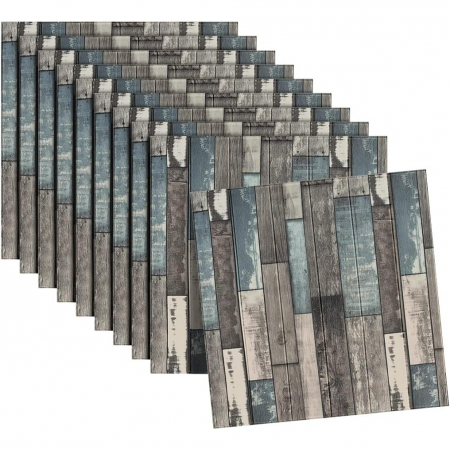 Set 10 Placi Tapet 3D, Flippy, 70 x 70 cm, Grosime 3 mm, din Rasina, Tip Placi de Lemn, Suprafata Acoperita 4.9 mp, Gri/Albastru [6]