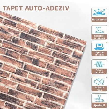 Set 10 Placi Tapet 3D, Flippy, 70 x 77 cm, Grosime 3 mm, din Polietilena, Model Caramida, Suprafata acoperita 5.3 mp, Caramida Rosie [1]