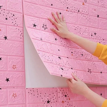 Lichidare Set 10 Placi Tapet 3D, Flippy, 70 x 77 cm, Grosime 3 mm, din Polietilena, Tip Caramida, Model Stele, Suprafata acoperita 5.3 mp, Roz [3]