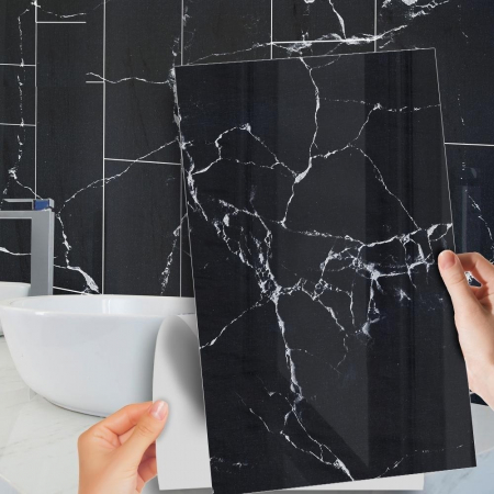 Lichidare Set 10 Placi Tapet, Flippy, 60 x 30 cm, Grosime 1.5 mm, din PVC, Model Imitatie de Marmura, Suprafata acoperita 1.8 mp, Negru [2]