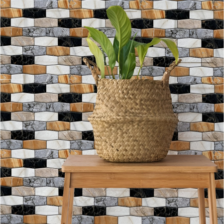 Set 10 x Placi Tapet Autocolant 3D cu Imitatie de Marmura Asimetrica, pentru Perete Bucatarie Sufragerie, Usor de Curatat, Rezistent la Apa, Autoadeziv, 30x30 cm, Maro Gri Negru [1]