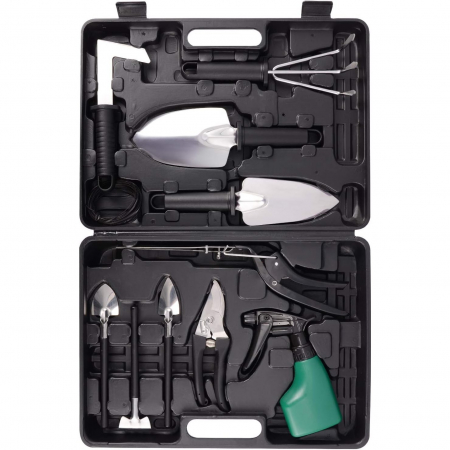 Gradina - Set 10 Unelte de Gradina, Flippy, pentru Plantare Prelucrare Sol si Ingrijire Plante, Manere Negre, Material PVC si Otel Inoxidabil, Cutie Inclusa, 37x28x7 cm, Negru