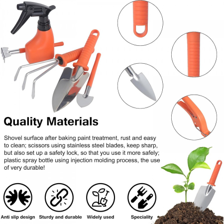 Set 10 Unelte de Gradina, Flippy, pentru Plantare Prelucrare Sol si Ingrijire Plante, Manere Portocalii, Material PVC si Otel Inoxidabil, Cutie Inclusa, 37x28x7 cm, Negru [4]