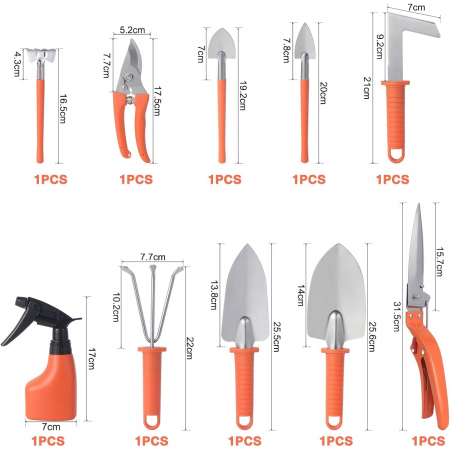 Set 10 Unelte de Gradina, Flippy, pentru Plantare Prelucrare Sol si Ingrijire Plante, Manere Portocalii, Material PVC si Otel Inoxidabil, Cutie Inclusa, 37x28x7 cm, Negru [7]