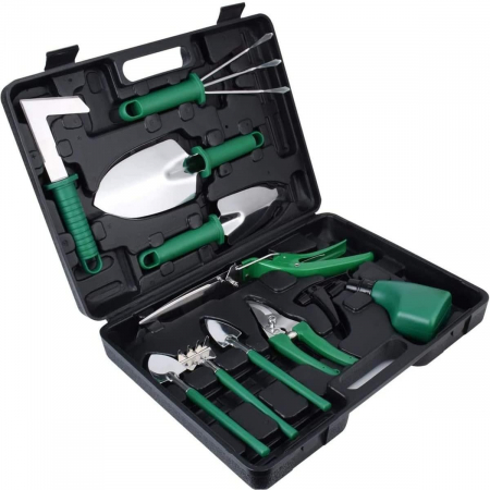Gradina - Set 10 Unelte de Gradina, Flippy, pentru Plantare Prelucrare Sol si Ingrijire Plante, Manere Verzi, Material PVC si Otel Inoxidabil, Cutie Inclusa, 37x28x7 cm, Negru