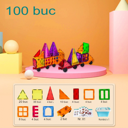 Set 100 de Piese Magnetice de Constructie, Flippy, Magnetic Tiles, Piese Mari, Forme Geometrice, 3 Ani, ABS, Magnet, 20.5 x 14.5 x 12 cm, Multicolor [1]