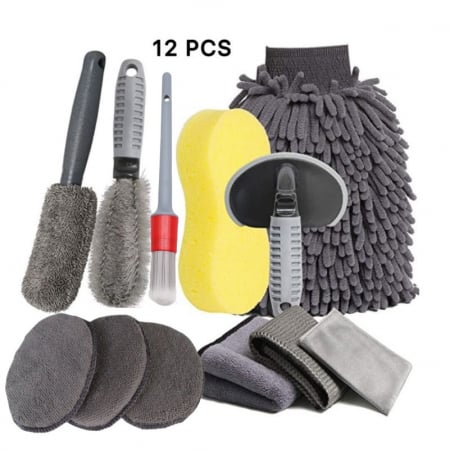 Pentru Casa si Camping - Set 12 Accesorii pentru Curatare Auto, Flippy, Interior si Exterior, Curatare Jante, Cauciucuri, Gri