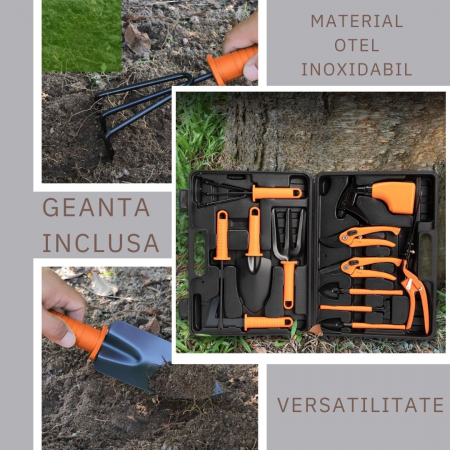 Set 12 accesorii pentru gradinarit Flippy, geanta depozitare inclusa, otel inoxidabil, 37 x 27 cm, portocaliu [2]