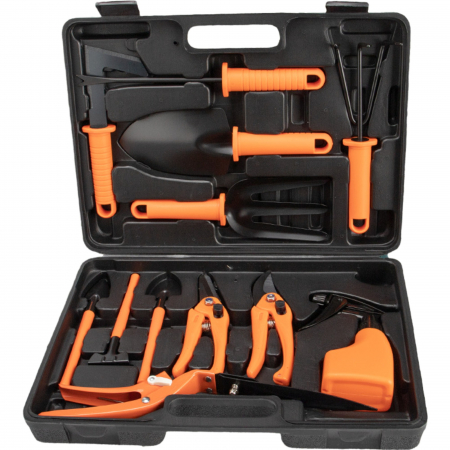 Gradina - Set 12 accesorii pentru gradinarit Flippy, geanta depozitare inclusa, otel inoxidabil, 37 x 27 cm, portocaliu