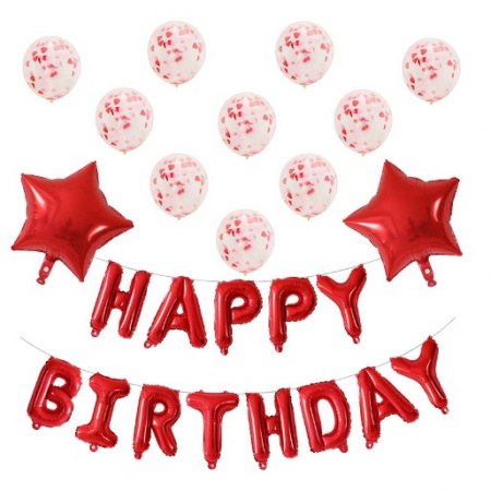 Articole petrecere - Set 12 Baloane si 1 Set Happy Birthday, 30 -45 cm, Cu paiete, latex si folie, Rosu