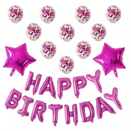 Articole petrecere - Set 12 Baloane si 1 Set Happy Birthday, 30 -45 cm, Cu paiete, latex si folie, Roz