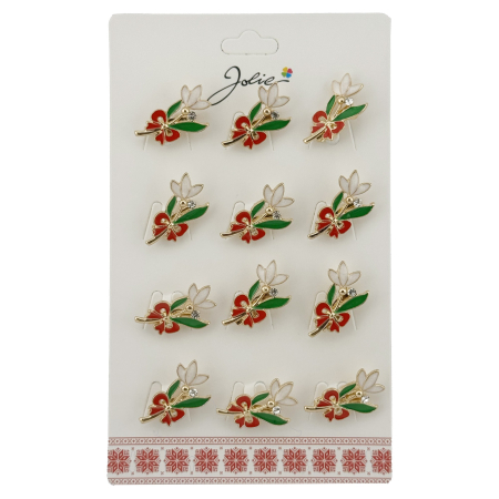 Sub 99 Lei - Set 12 Brose Martisor cu Ghiocel de Primavara si Fundita Rosie, Jolie, Brose din Metal, Aspect Lacuit, 2 x 2 cm per Unitate, Multicolor