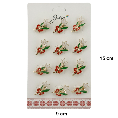 Set 12 Brose Martisor cu Ghiocel de Primavara si Fundita Rosie, Jolie, Brose din Metal, Aspect Lacuit, 2 x 2 cm per Unitate, Multicolor [1]