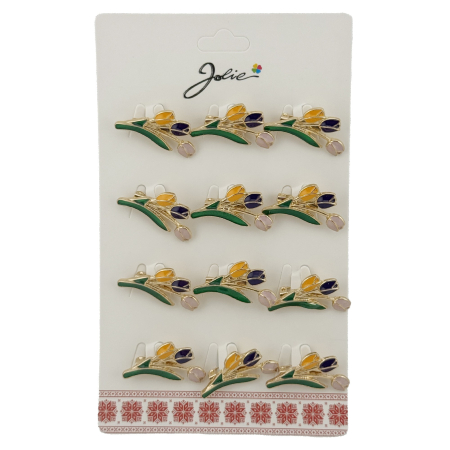 Sub 99 Lei - Set 12 Brose Martisor de Primavara cu Buchet de Lalele, Jolie, Brose din Metal, Aspect Lacuit, 2,5 x 1,5 cm per Unitate, Verde