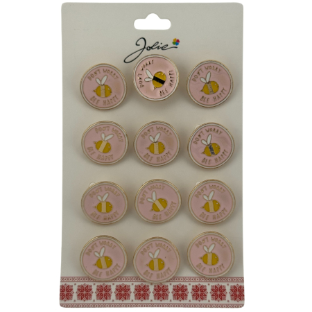 Seturi Brose - Set 12 Brose Martisor pentru Copii, Jolie, Model Albinuta, cu Mesaj Don`t Worry Bee Happy, Roz Galben