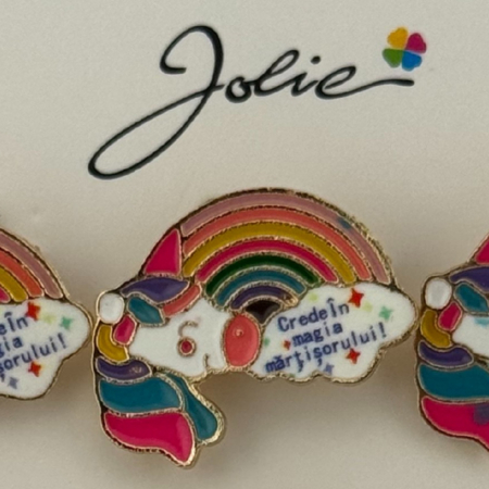 Set 12 Brose Martisor pentru Copii, Jolie, Model Unicorn Curcubeu, cu Mesaj Crede in Magia Martisorului, Multicolor [1]