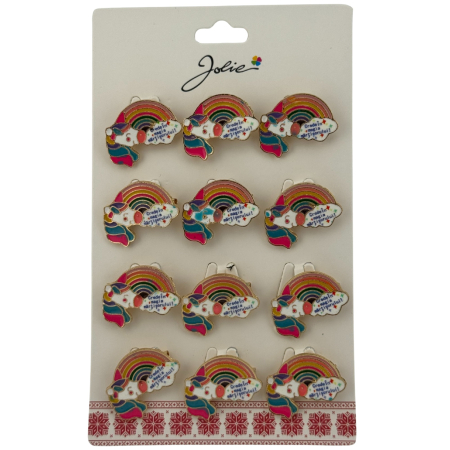 Seturi Brose - Set 12 Brose Martisor pentru Copii, Jolie, Model Unicorn Curcubeu, cu Mesaj Crede in Magia Martisorului, Multicolor