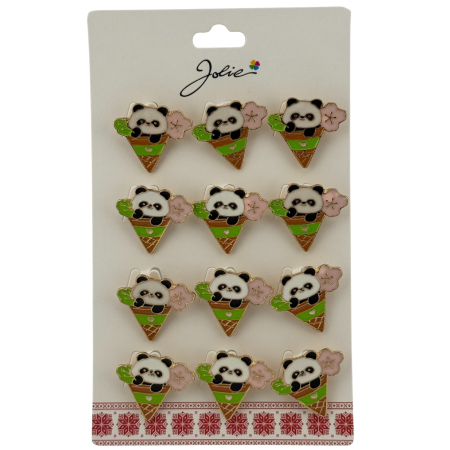 Sub 99 Lei - Set 12 Brose Martisor pentru Copii, Jolie, Model Urs Panda in Con de Inghetata, Multicolor