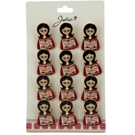 Seturi Brose - Set 12 Brose Martisor Primavara, Jolie, Model Fata, Mesaj Cea Mai Buna Invatatoare, Multicolor