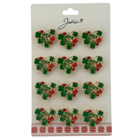 Seturi Brose - Set 12 Brose Martisor Primavara, Jolie, Model Inima Impodobita cu Trifoi si Buburuza, Verde