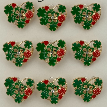 Set 12 Brose Martisor Primavara, Jolie, Model Inima Impodobita cu Trifoi si Buburuza, Verde [3]
