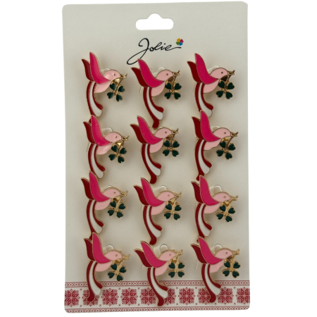 Seturi Brose - Set 12 Brose Martisor Primavara, Jolie, Model Pasare cu Trifoi in Cioc, Roz