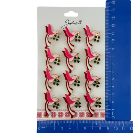 Set 12 Brose Martisor Primavara, Jolie, Model Pasare cu Trifoi in Cioc, Roz [4]