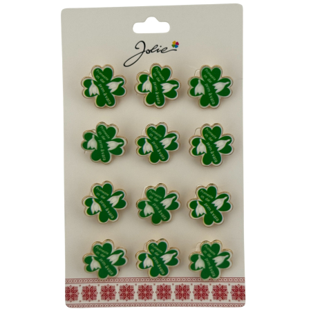 Seturi Brose - Set 12 Brose Martisor Primavara, Jolie, Model Trifoi cu Patru Foi, Mesaj Primeste in Dar Primavara, Verde