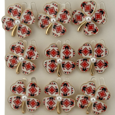 Set 12 Brose Martisor Primavara, Jolie, Model Trifoi Traditional cu Perla, Rosu [3]