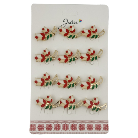 Seturi Brose - Set 12 Brose Martisor Primavara Lalele cu Motiv Traditional, Jolie, Brose din Metal, Aspect Lacuit, 2,5 x 1,5 cm per Unitate, Rosu