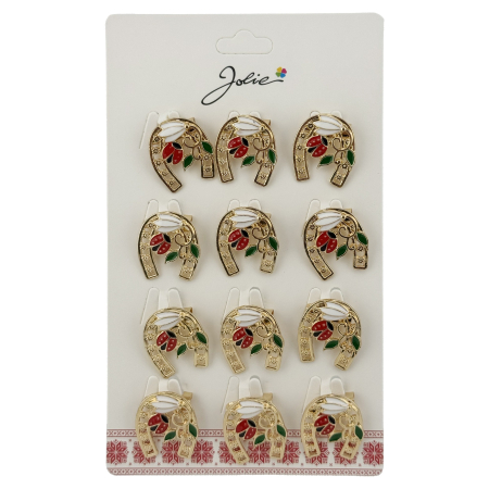Sub 99 Lei - Set 12 Brose Martisor Primavara Potcoava cu Ghiocel si Buburuza, Jolie, Brose din Metal, Aspect Lacuit, 2 x 2 cm per Unitate, Auriu
