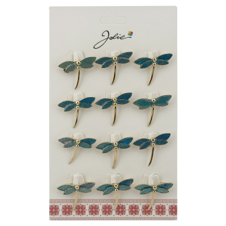 Seturi Brose - Set 12 Brose Martisor Traditional, Jolie, Model Libelula, Brose din Metal, Aspect Lacuit, 2,5 x 2,5 cm per Unitate, Verde
