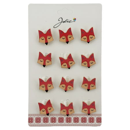 Seturi Brose - Set 12 Brose Martisor Traditional, Jolie, Model Vulpe, Brose din Metal, Aspect Lacuit, 2,5 x 2,5 cm per Unitate, Rosu