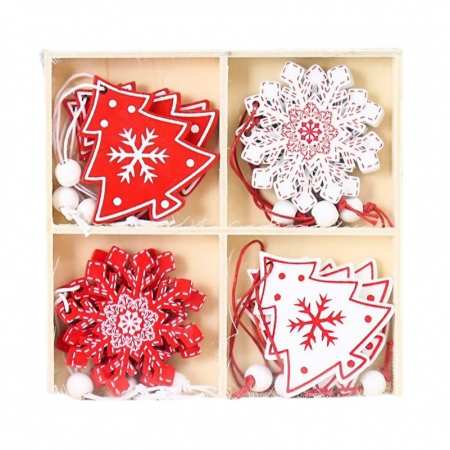 Pentru Casa si Camping - Set 12 Decoratiuni de Craciun din Lemn, Flippy, cu Snur pentru Agatare in Brad, Model Brazi si Fulgi de Nea, Alb-Rosu