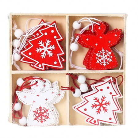 Pentru Casa si Camping - Set 12 Decoratiuni de Craciun din Lemn, Flippy, cu Snur pentru Agatare in Brad, Model Brazi si Ingerasi, Alb-Rosu