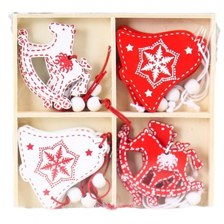 Pentru Casa si Camping - Set 12 Decoratiuni de Craciun din Lemn, Flippy, cu Snur pentru Agatare in Brad, Model Caluti si Clopotei, Alb-Rosu