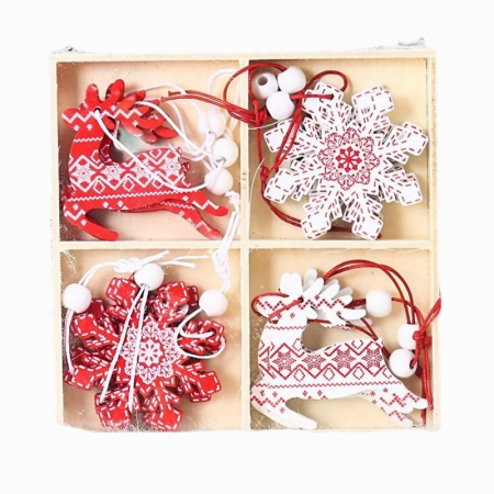 Pentru Casa si Camping - Set 12 Decoratiuni de Craciun din Lemn, Flippy, cu Snur pentru Agatare in Brad, Model Reni si Fulgi de Nea, Alb-Rosu